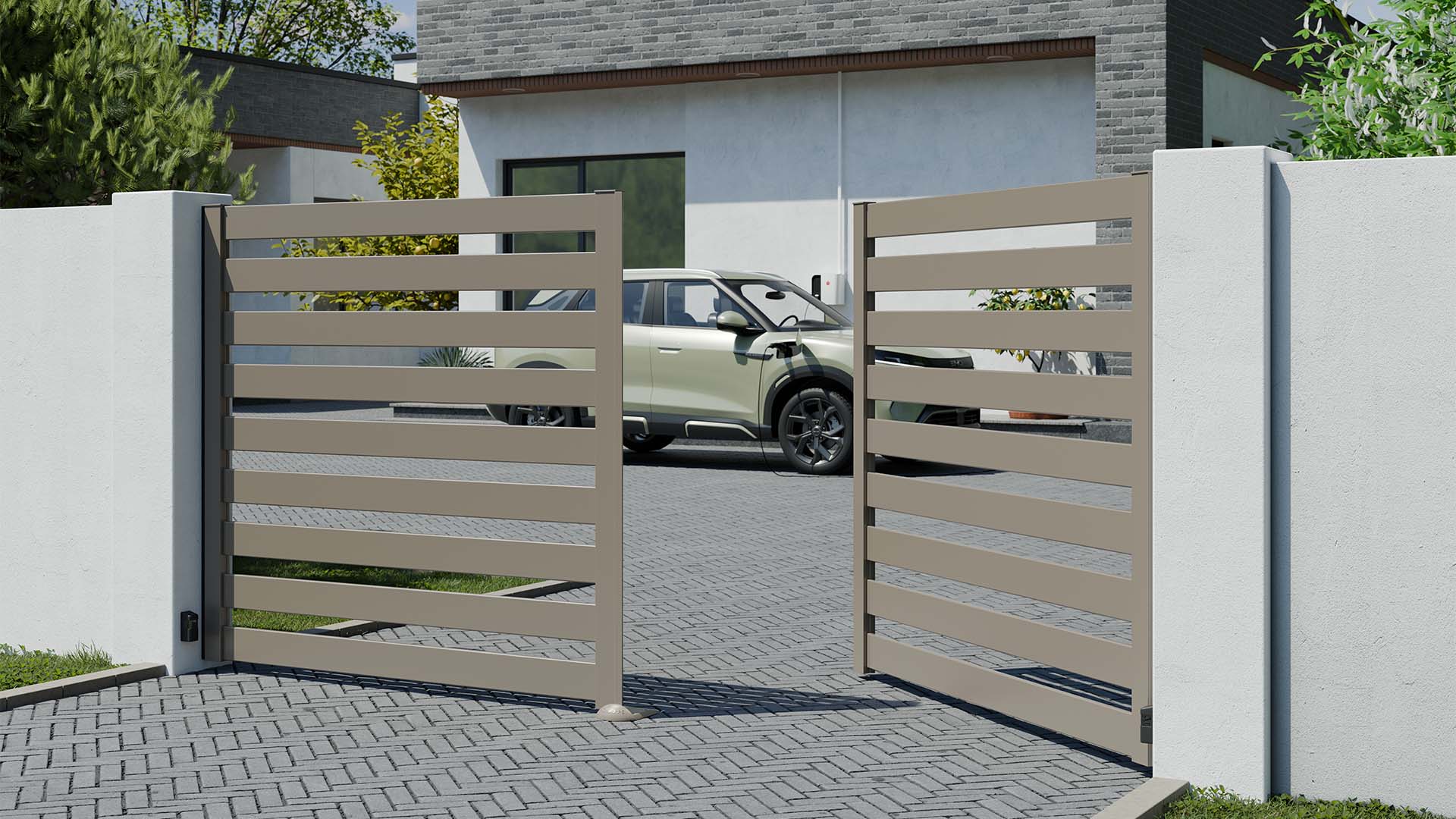 Portail en aluminium battant ajouré Neva entrouvert de couleur gris beige MyDoorling haut de gamme prix d'usine