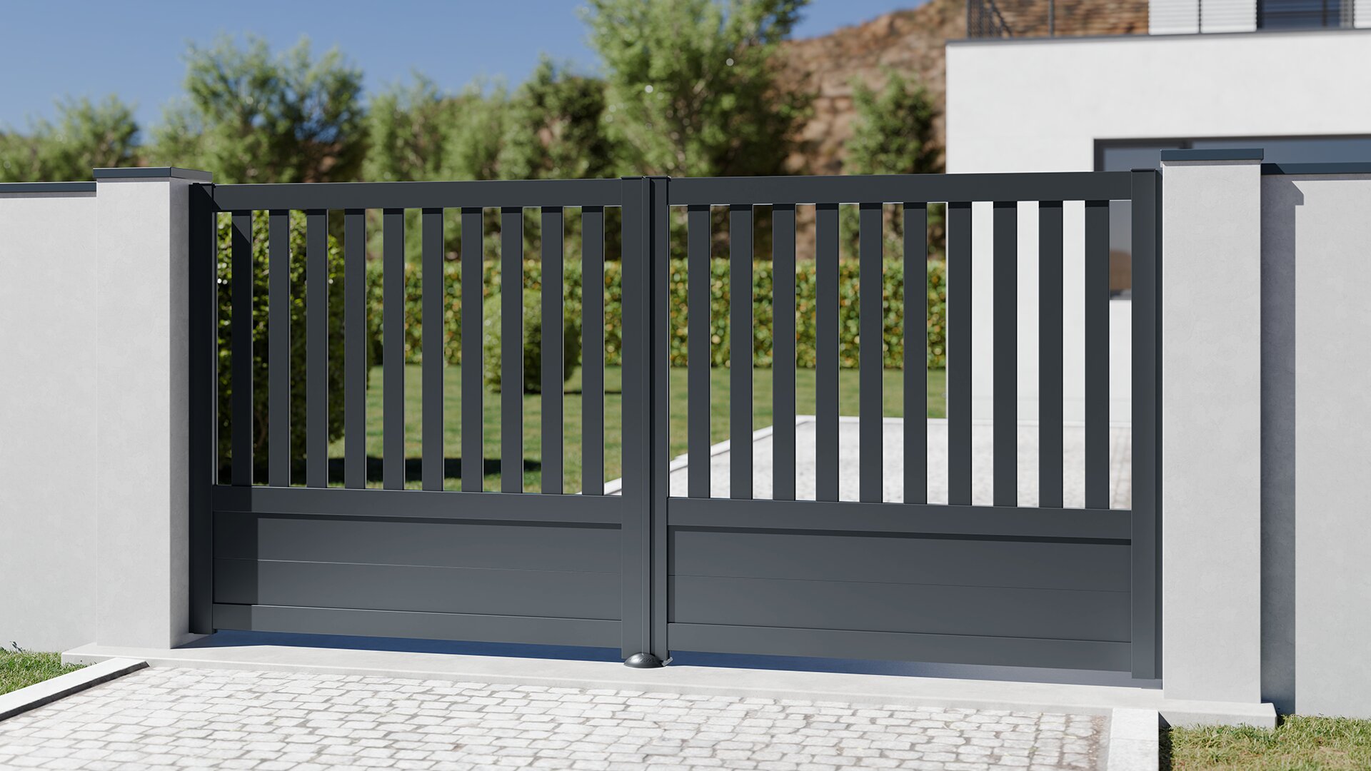 DENALI - Portail 2 battants avec cadre et lames verticales ajourées couleur gris anthracite haut de gamme prix usine