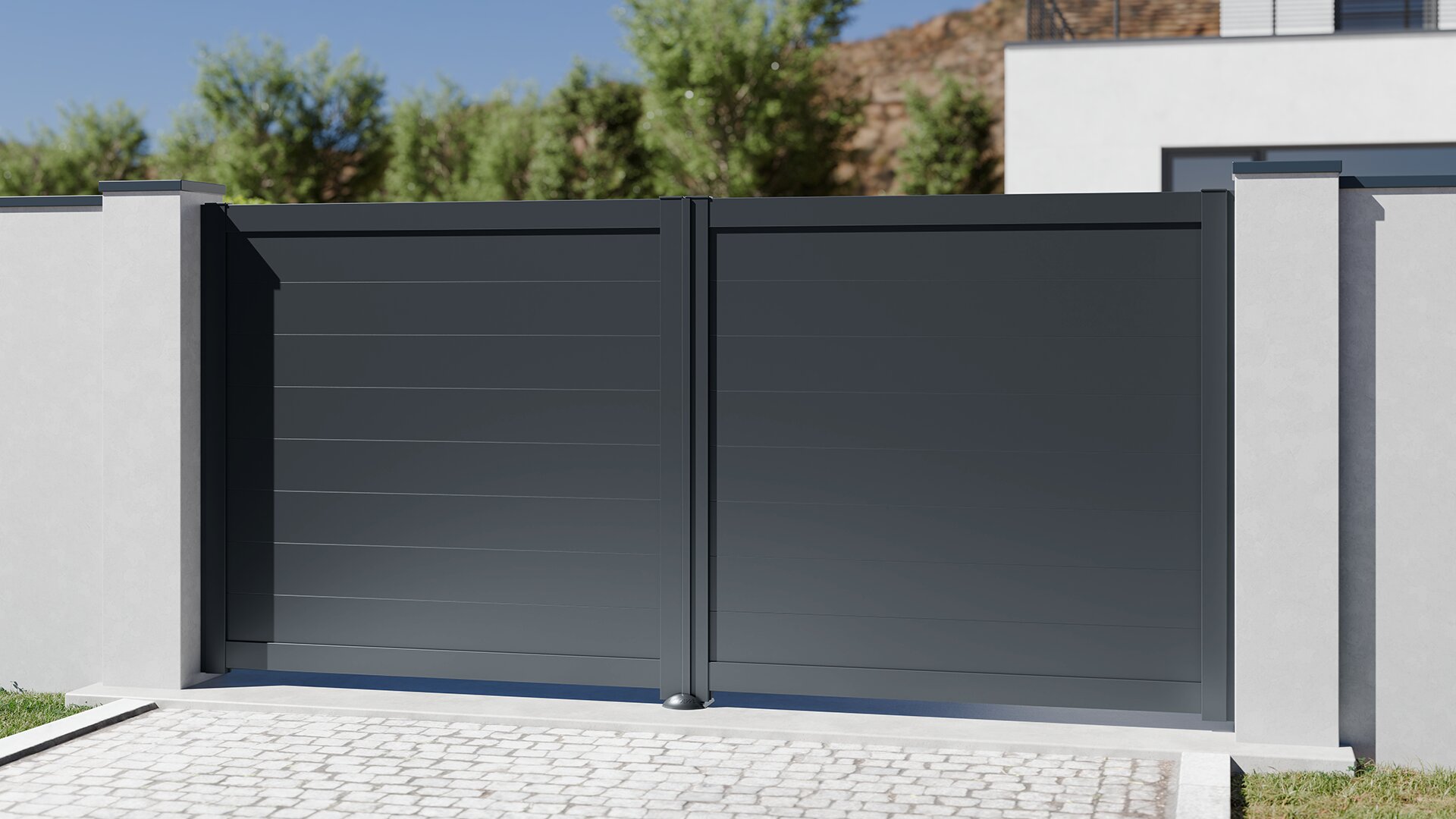 Portail deux battants plein avec cadre et lames horizontales sur mesure en aluminium alu modèle Everest Gris Aluminium Haut de Gamme Prix d'usine