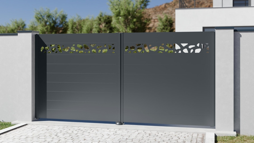 Portail deux battants sur mesure aluminium modèle HIMALAYA couleur gris anthracite sans cadre à lames horizontales avec lame décorative haut de gamme prix usine MyDoorling