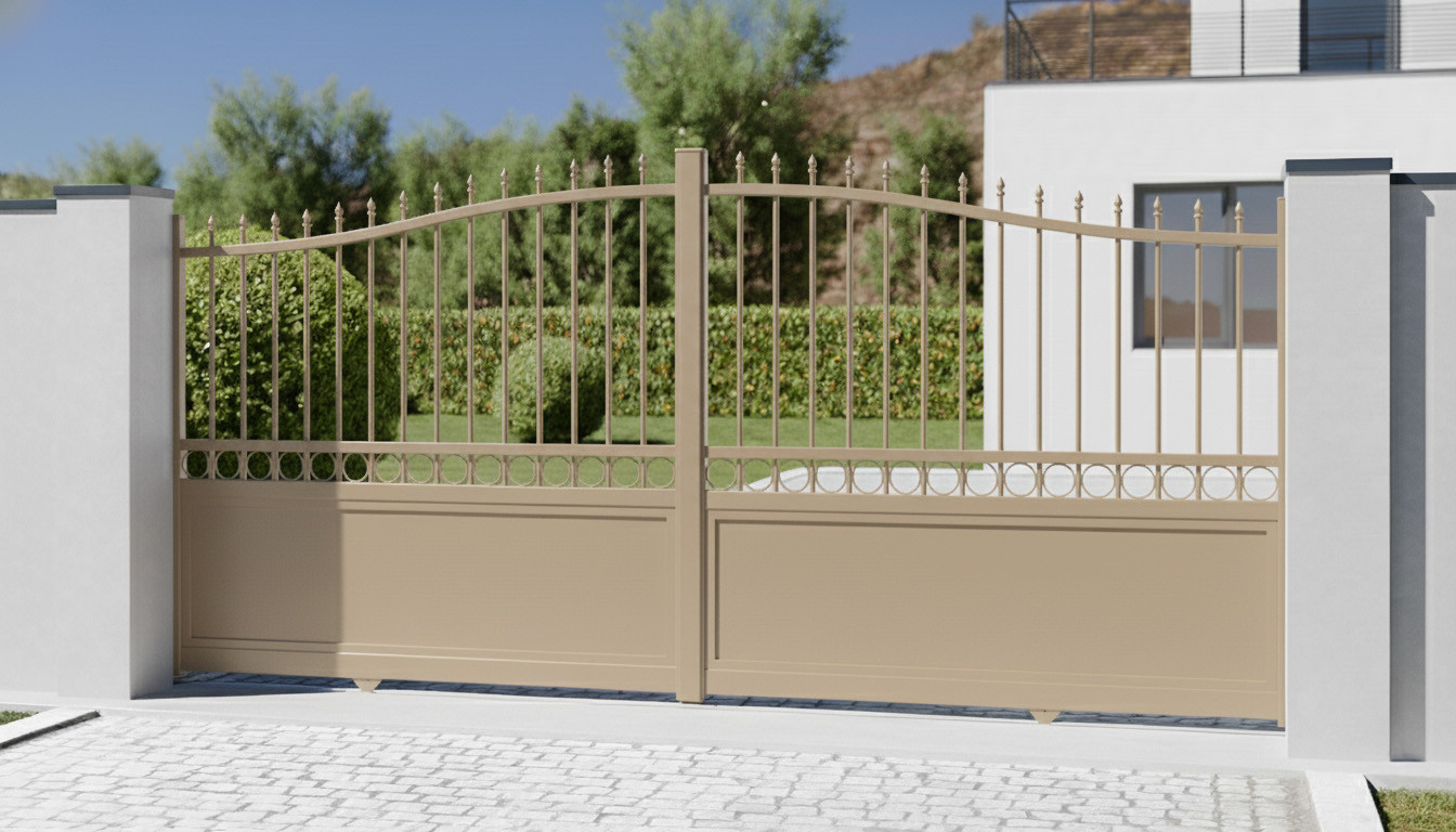 Portail coulissant sur mesure aluminium modèle Alpin couleur gris beige haut de gamme prix usine