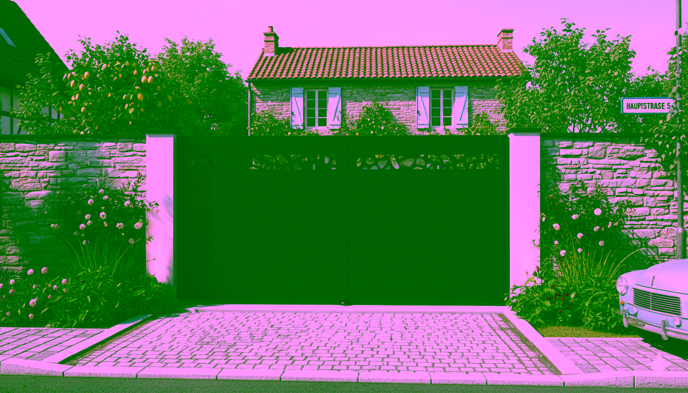 Portail 2 battants plein sans cadre avec lames décoratives sur mesure en aluminium alu modèle Himalaya en ville devant une maison de type européenne française haut de gamme prix usine