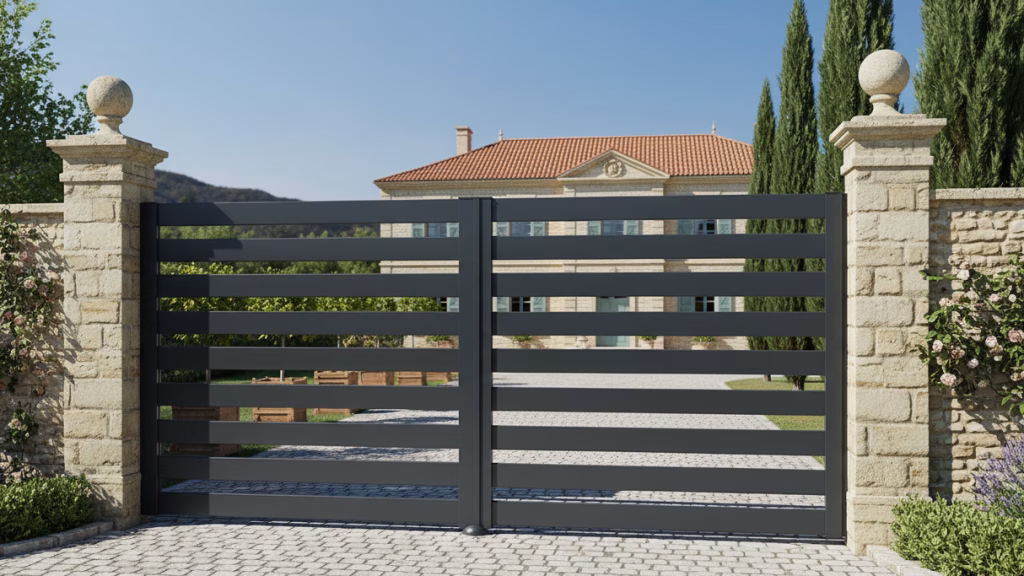 Portail 2 battants ajouré à lames horizontales avec cadre sur mesure en aluminium alu modèle NEVA devant une maison de style française haut de gamme prix usine