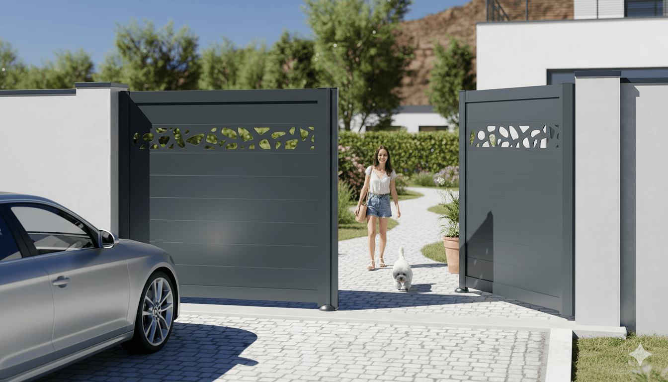 Portail 2 battants plein avec cadre à lames horizontales et lame décorative sur mesure en aluminium alu modèle Zenith ouvert avec une femme sortant son chien et une voiture garée devant haut de gamme prix usine