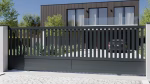 Portail coulissant avec cadre et lames verticales ajourées sur mesure en aluminium alu modèle Denali devant une maison moderne haut de gamme prix usine