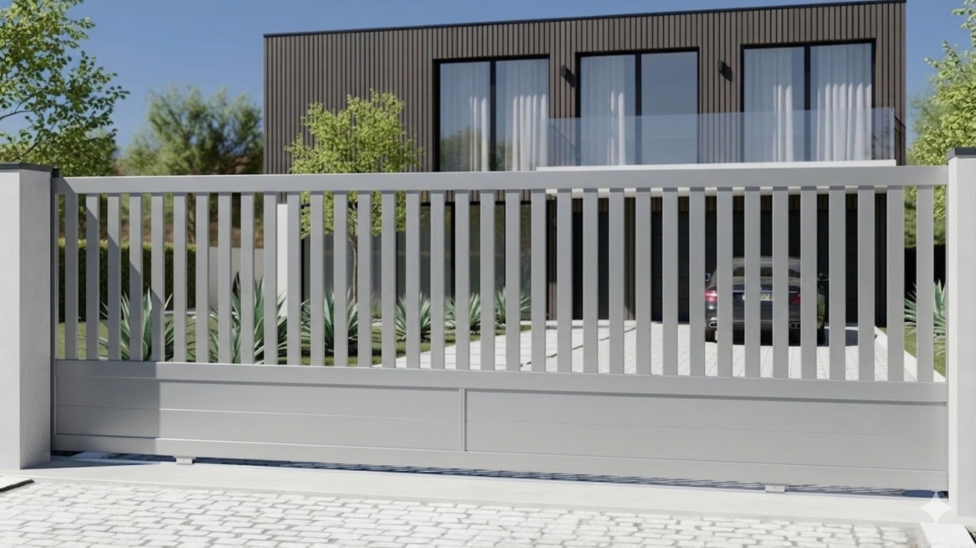 Portail coulissant plein avec cadre semi ajouré avec lames verticales sur mesure en aluminium alu modèle Denali devant une maison prix usine – Gris aluminium