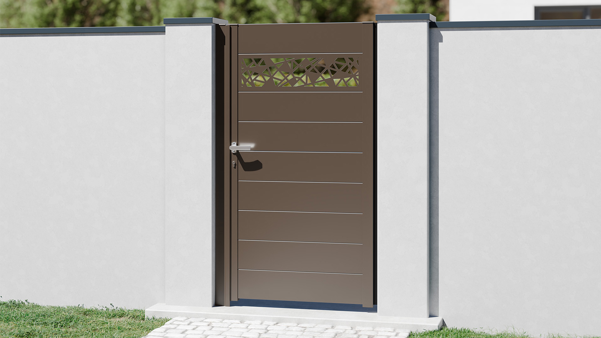 Portillon aluminium Gris Beige sur mesure modèle Himalaya à lame décorative - Haut de Gamme prix usine