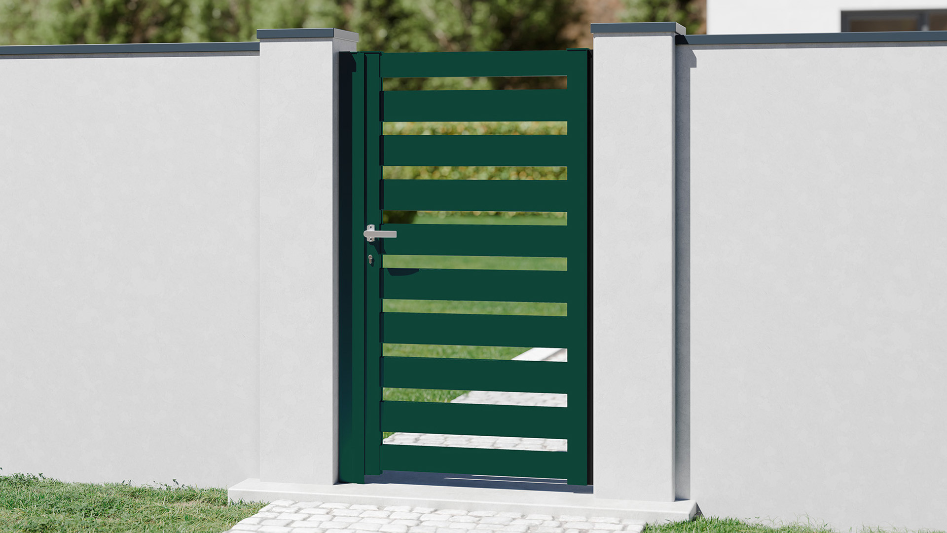 Portillon aluminium Vert Mousse sur mesure modèle Neva avec cadre et à lames horizontales ajourées - Haut de Gamme prix usine